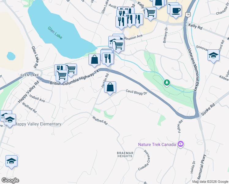 map of restaurants, bars, coffee shops, grocery stores, and more near 866 Cecil Blogg Drive in Victoria