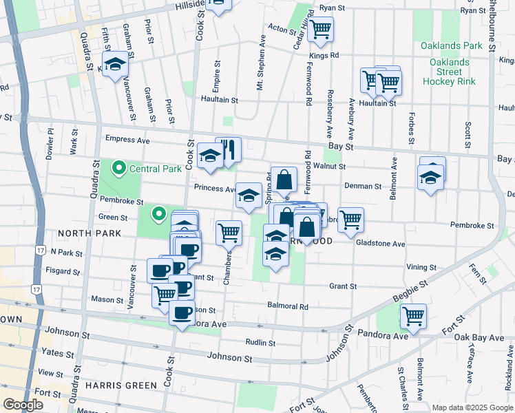 map of restaurants, bars, coffee shops, grocery stores, and more near 2116 Spring Road in Victoria