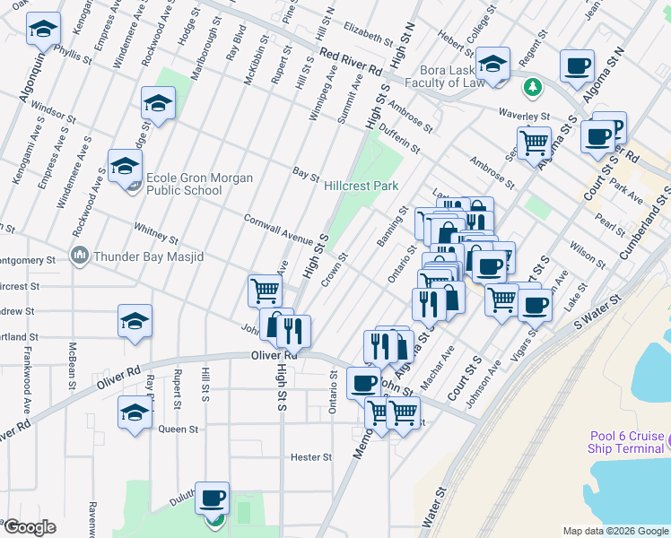 map of restaurants, bars, coffee shops, grocery stores, and more near Crown Street in Thunder Bay