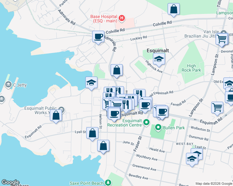 map of restaurants, bars, coffee shops, grocery stores, and more near 649 Admirals Road in Victoria
