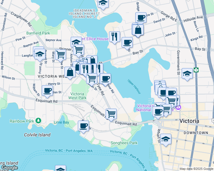 map of restaurants, bars, coffee shops, grocery stores, and more near 380 Harbour Road in Victoria