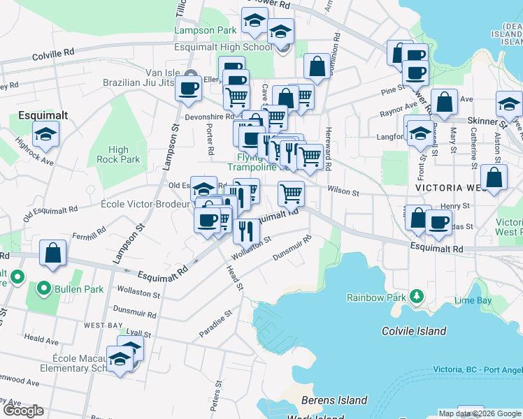 map of restaurants, bars, coffee shops, grocery stores, and more near 848 Esquimalt Road in Victoria