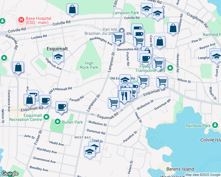 map of restaurants, bars, coffee shops, grocery stores, and more near 624 Bryden Court in Victoria