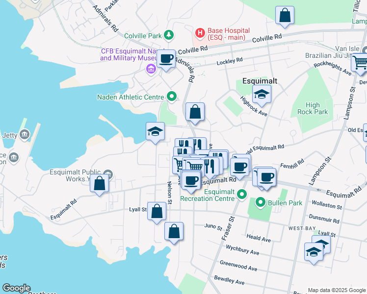 map of restaurants, bars, coffee shops, grocery stores, and more near 1343 Woodway Road in Victoria