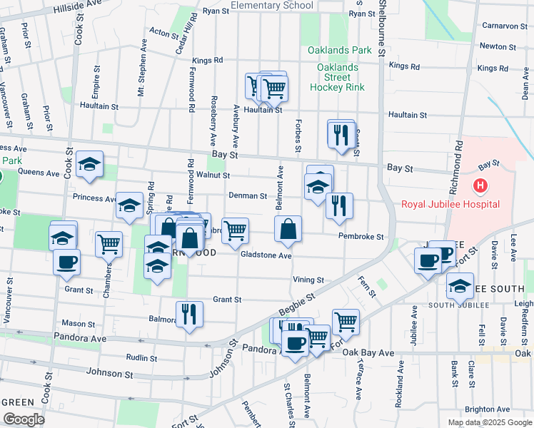 map of restaurants, bars, coffee shops, grocery stores, and more near 1460 Taunton Street in Victoria
