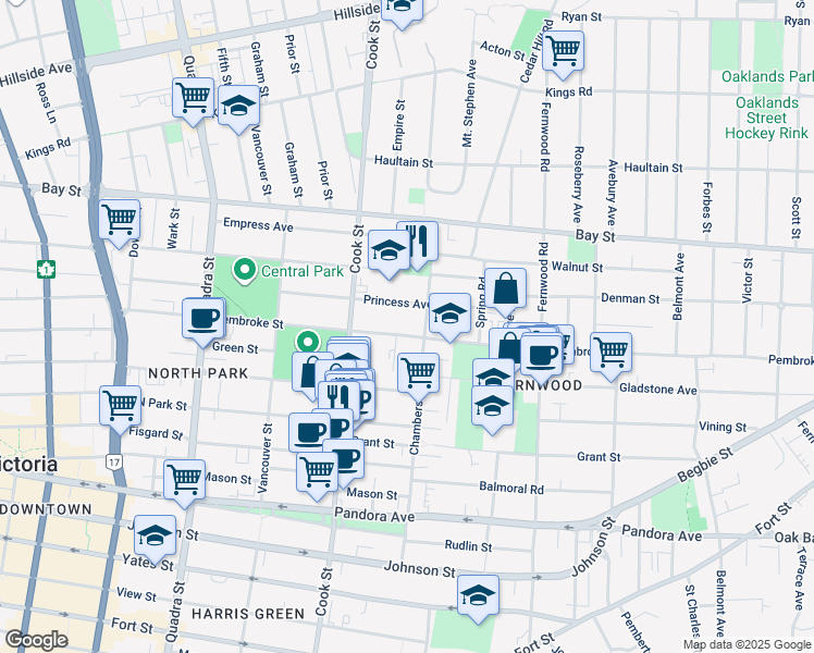 map of restaurants, bars, coffee shops, grocery stores, and more near 1158 Pembroke Street in Victoria