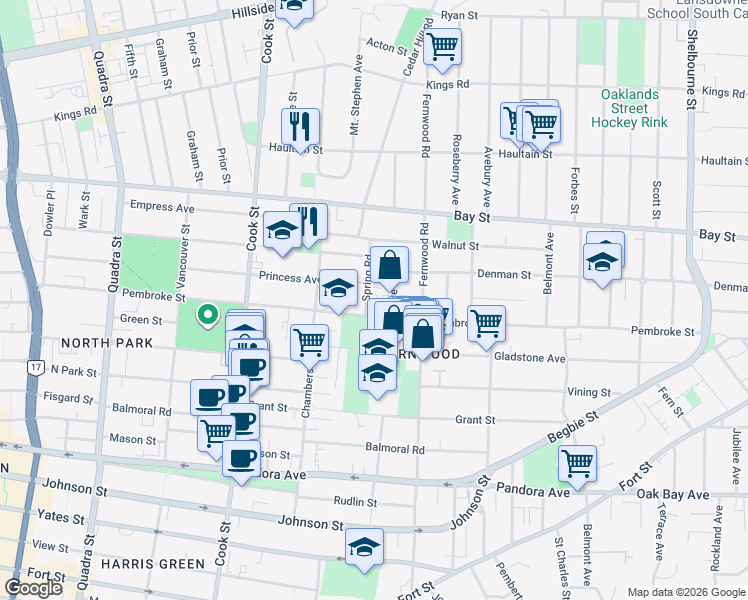 map of restaurants, bars, coffee shops, grocery stores, and more near 2111 Spring Road in Victoria