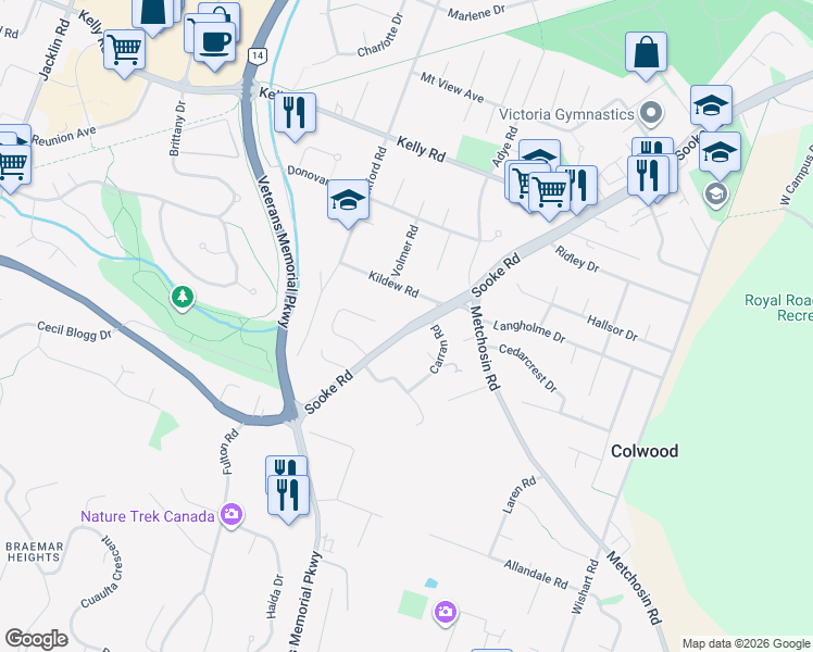 map of restaurants, bars, coffee shops, grocery stores, and more near 2314 Sooke Road in Victoria