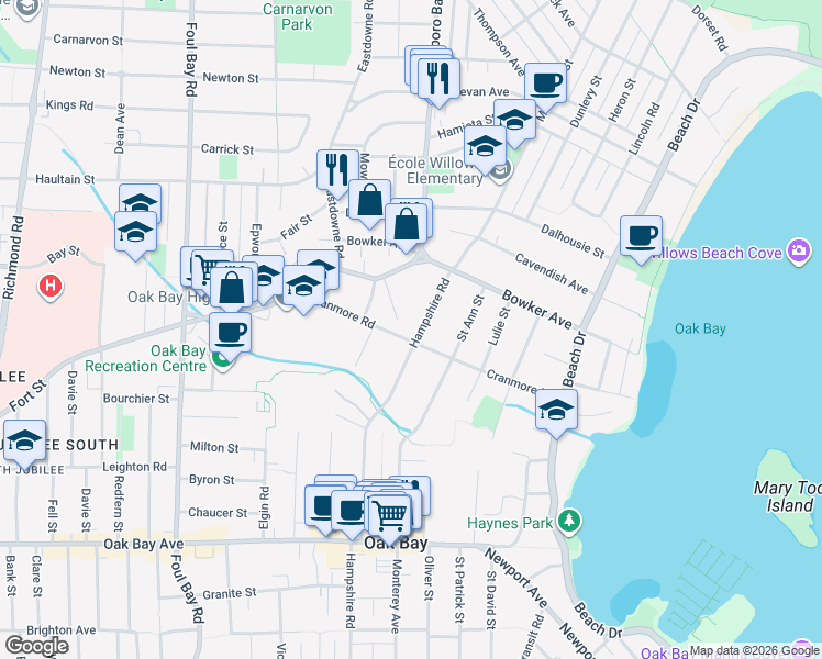 map of restaurants, bars, coffee shops, grocery stores, and more near 2378 Cranmore Road in Victoria