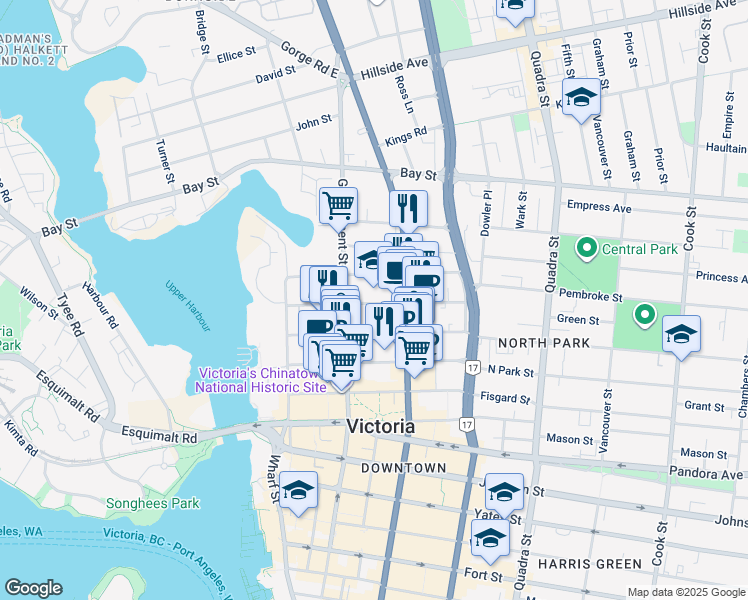 map of restaurants, bars, coffee shops, grocery stores, and more near 620 Discovery Street in Victoria