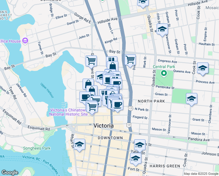 map of restaurants, bars, coffee shops, grocery stores, and more near 2000 British Columbia 1 in Victoria