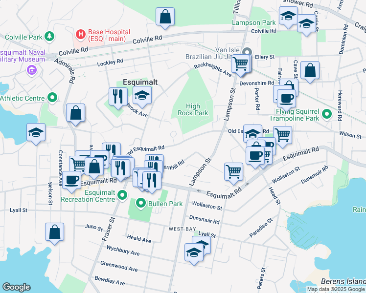 map of restaurants, bars, coffee shops, grocery stores, and more near 1165 Old Esquimalt Road in Victoria