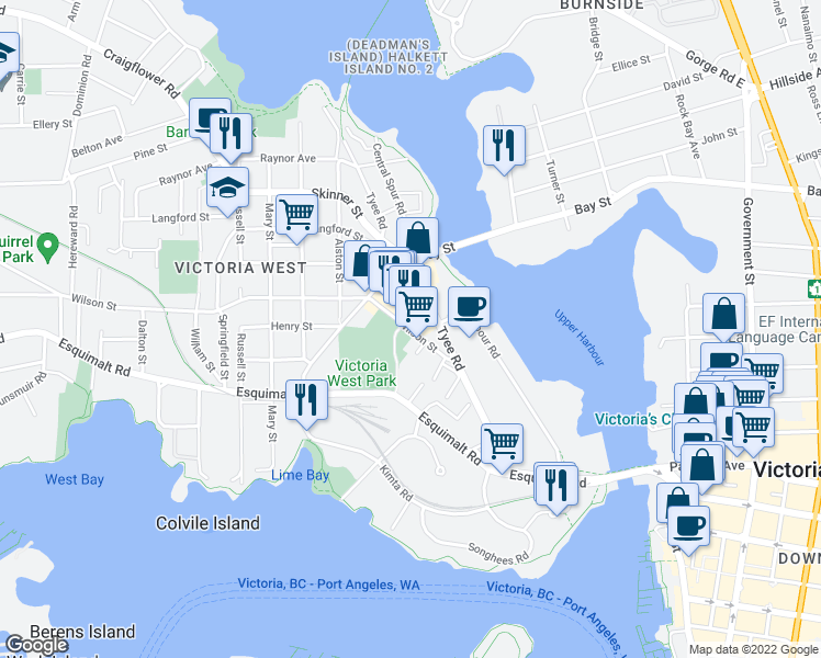 map of restaurants, bars, coffee shops, grocery stores, and more near 162 Wilson Street in Victoria