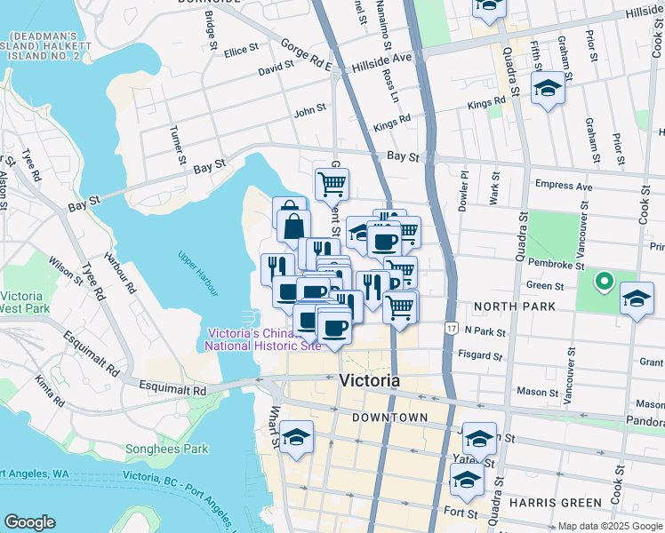 map of restaurants, bars, coffee shops, grocery stores, and more near 2000 Government Street in Victoria