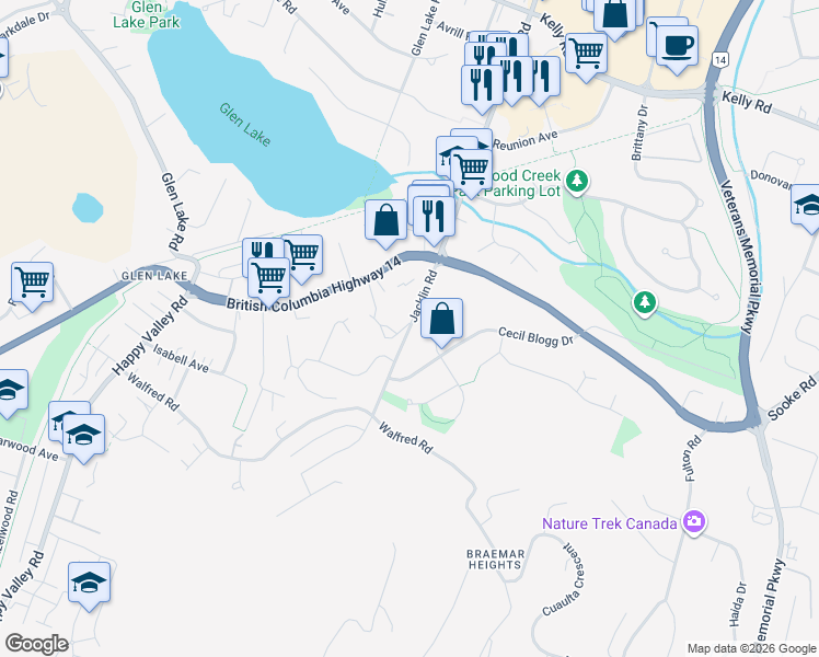 map of restaurants, bars, coffee shops, grocery stores, and more near 3251 Jacklin Road in Victoria