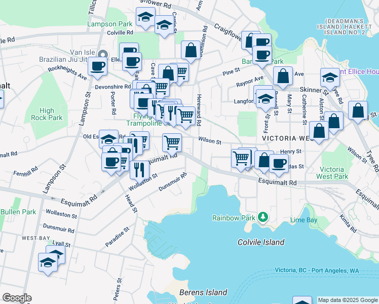 map of restaurants, bars, coffee shops, grocery stores, and more near 802 Esquimalt Road East in Victoria
