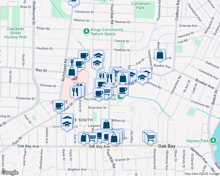 map of restaurants, bars, coffee shops, grocery stores, and more near Foul Bay Rd & Fort St in Victoria