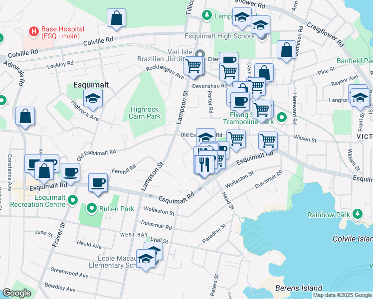map of restaurants, bars, coffee shops, grocery stores, and more near 630 Bryden Court in Victoria