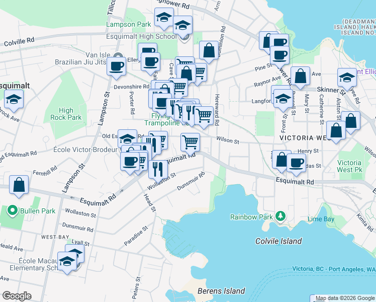 map of restaurants, bars, coffee shops, grocery stores, and more near 826 Esquimalt Road East in Victoria