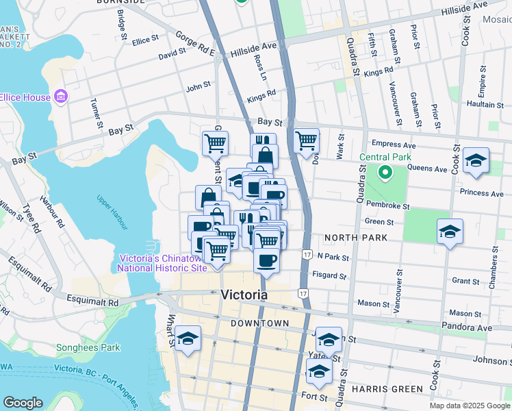 map of restaurants, bars, coffee shops, grocery stores, and more near 2000 British Columbia 1 in Victoria
