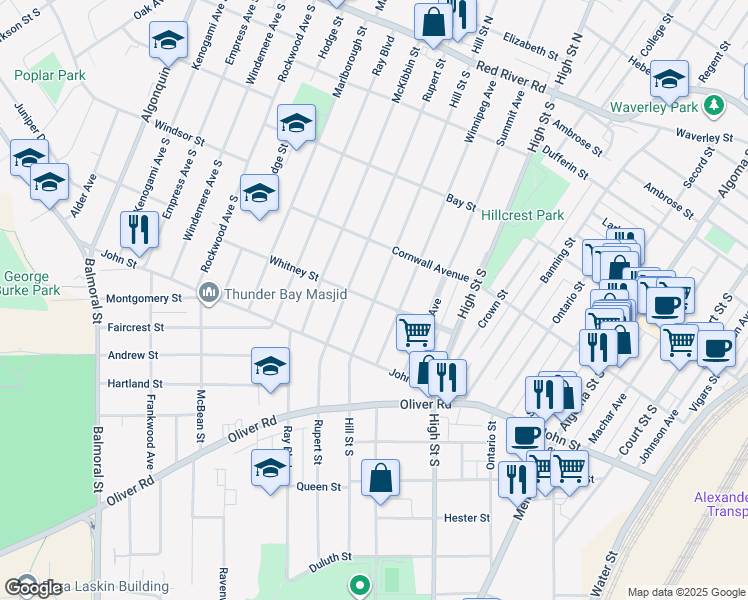 map of restaurants, bars, coffee shops, grocery stores, and more near Hill Street South in Thunder Bay
