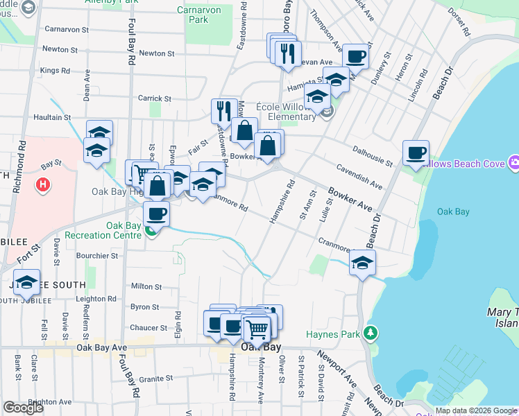 map of restaurants, bars, coffee shops, grocery stores, and more near 2378 Cranmore Road in Victoria