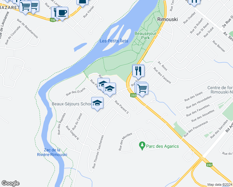 map of restaurants, bars, coffee shops, grocery stores, and more near 484 Rue Tessier in Rimouski