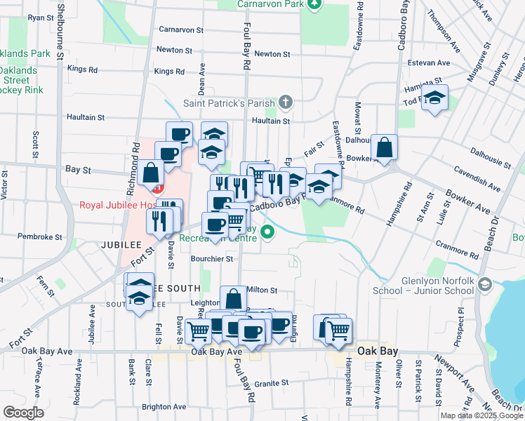 map of restaurants, bars, coffee shops, grocery stores, and more near 2045 Cadboro Bay Road in Victoria