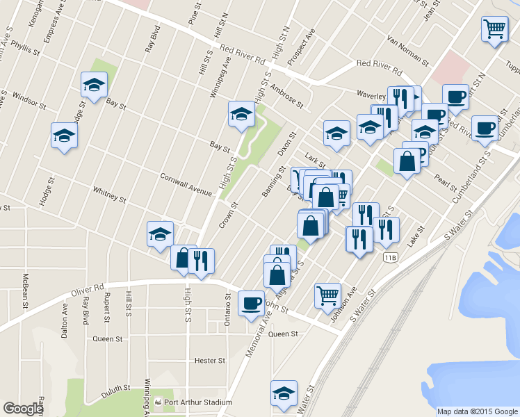 map of restaurants, bars, coffee shops, grocery stores, and more near 131 Banning Street in Thunder Bay