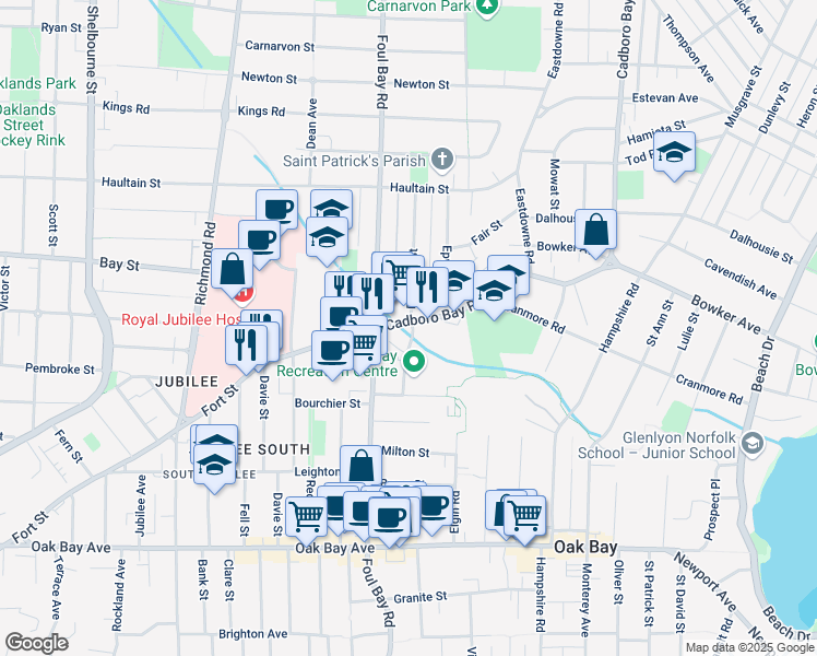 map of restaurants, bars, coffee shops, grocery stores, and more near 2045 Cadboro Bay Road in Victoria