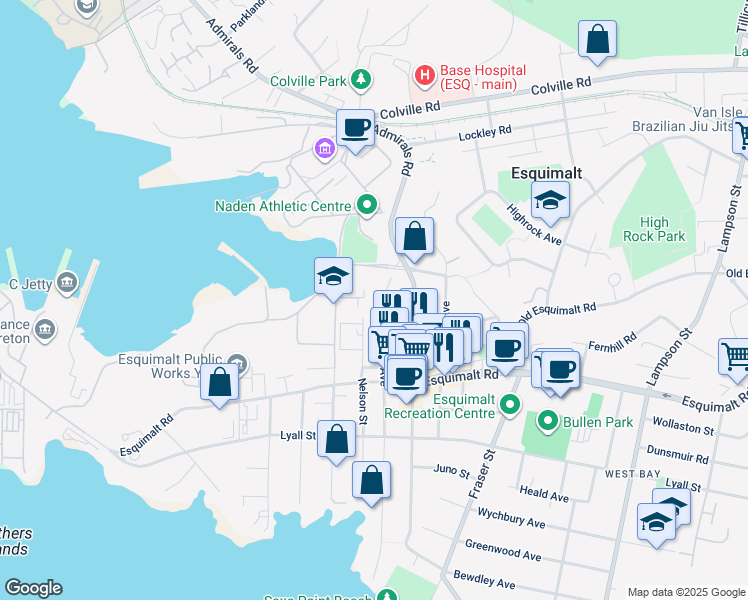 map of restaurants, bars, coffee shops, grocery stores, and more near 1343 Woodway Road in Victoria