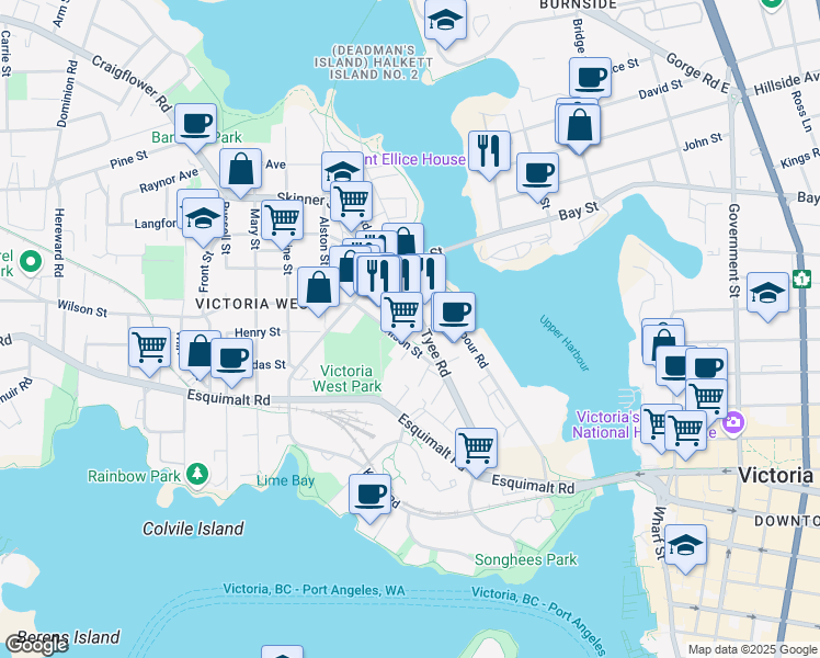 map of restaurants, bars, coffee shops, grocery stores, and more near 160 Wilson Street in Victoria