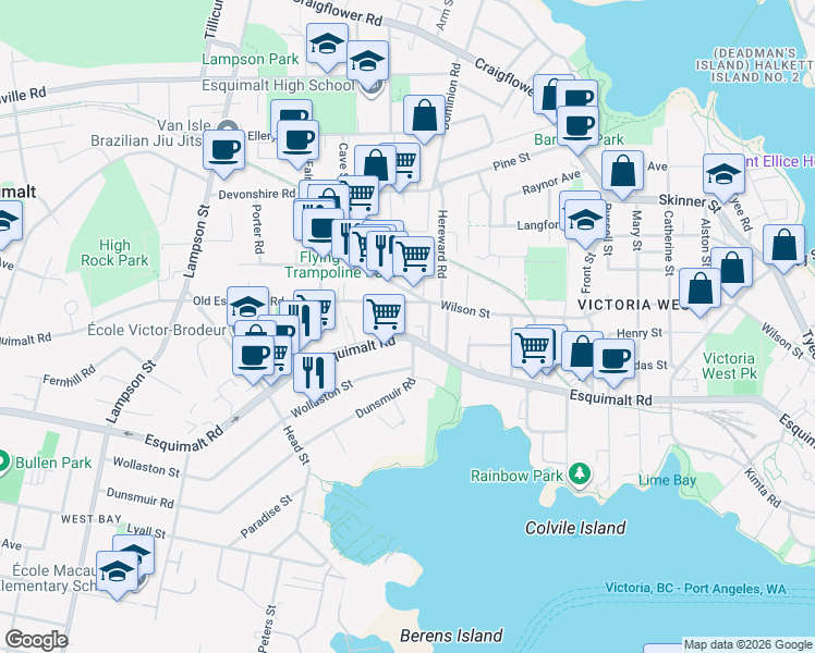 map of restaurants, bars, coffee shops, grocery stores, and more near 804 Esquimalt Road in Victoria