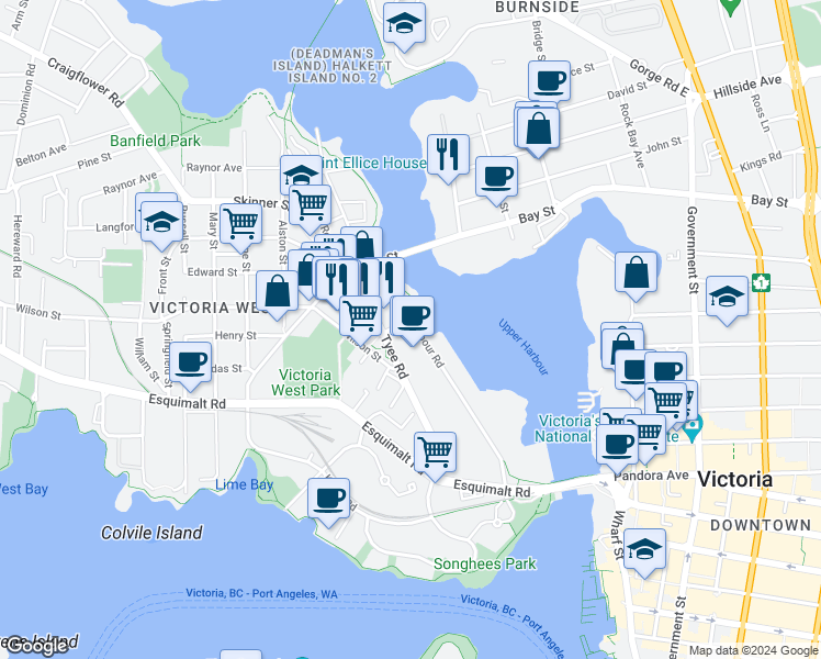 map of restaurants, bars, coffee shops, grocery stores, and more near 398 Harbour Road in Victoria