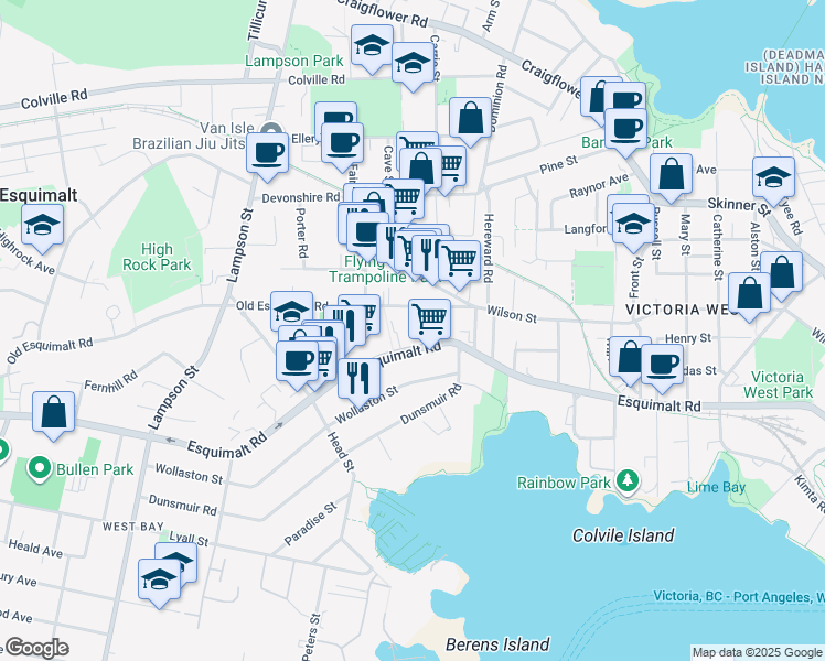 map of restaurants, bars, coffee shops, grocery stores, and more near 830 Esquimalt Road in Victoria