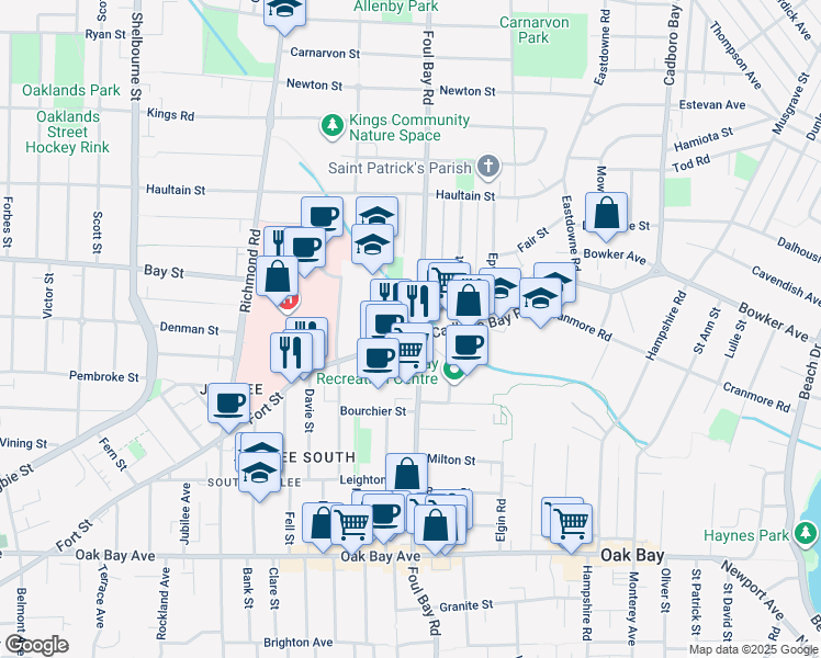 map of restaurants, bars, coffee shops, grocery stores, and more near in Victoria