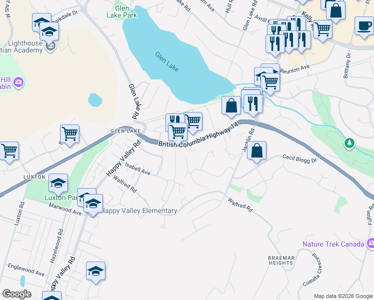 map of restaurants, bars, coffee shops, grocery stores, and more near 2658 Ernhill Drive in Victoria