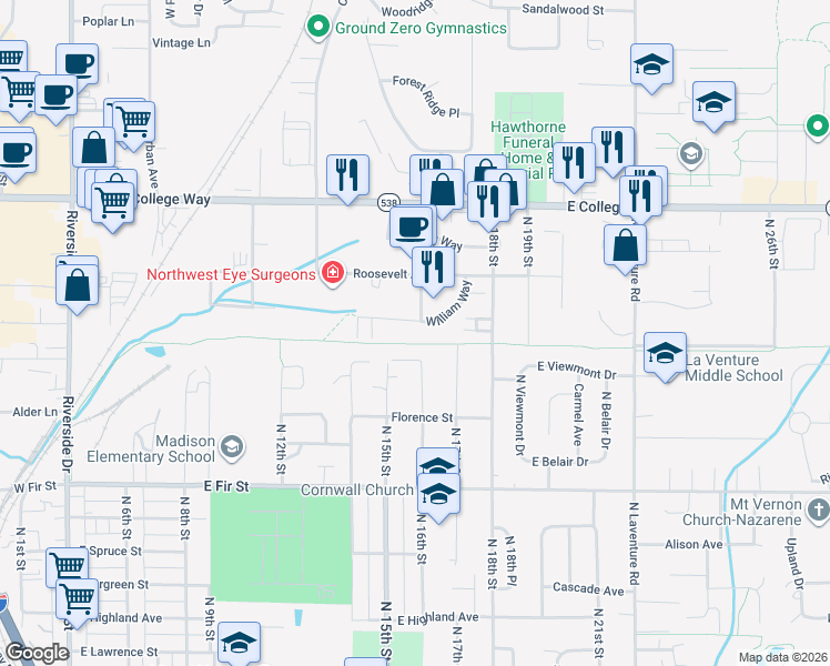 map of restaurants, bars, coffee shops, grocery stores, and more near 1500 William Way in Mount Vernon