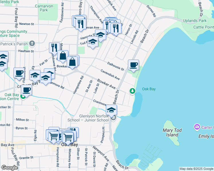map of restaurants, bars, coffee shops, grocery stores, and more near 1954 Monteith Street in Victoria