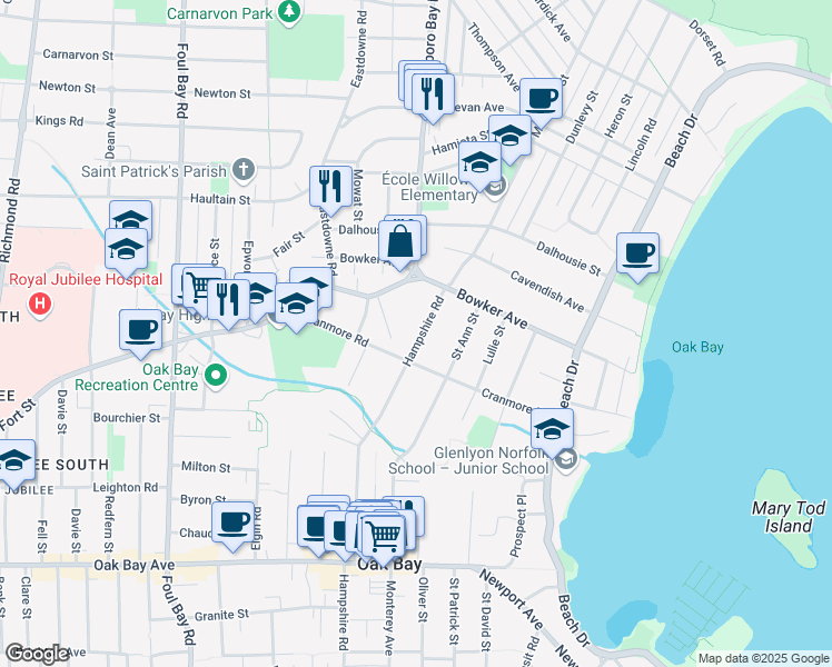 map of restaurants, bars, coffee shops, grocery stores, and more near 1868 Hampshire Road in Victoria