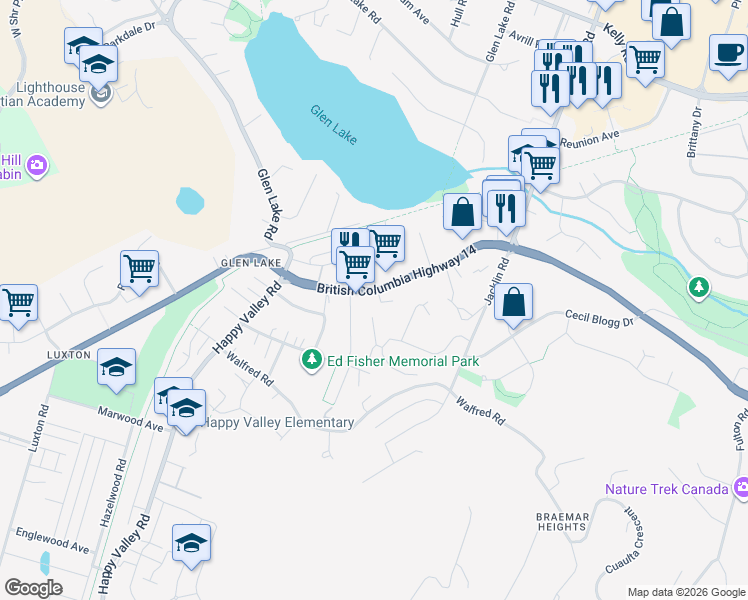 map of restaurants, bars, coffee shops, grocery stores, and more near 2658 Ernhill Drive in Victoria