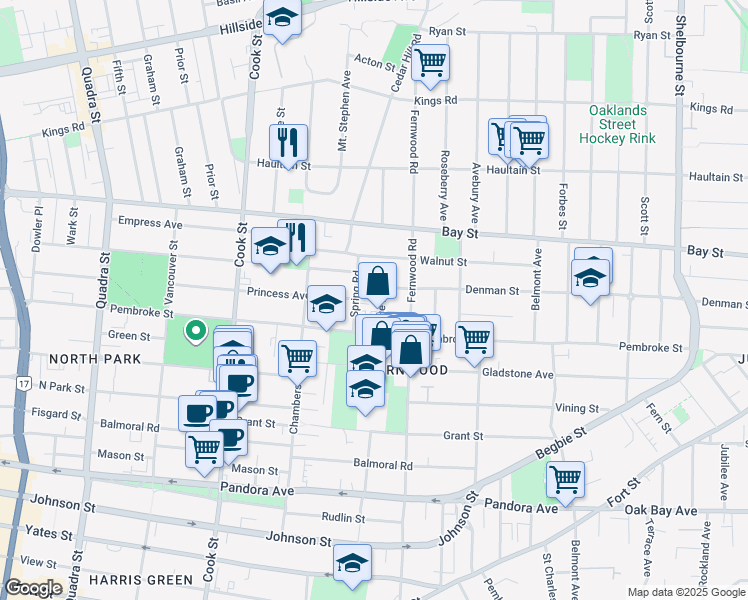 map of restaurants, bars, coffee shops, grocery stores, and more near 2136 Ridge Road in Victoria
