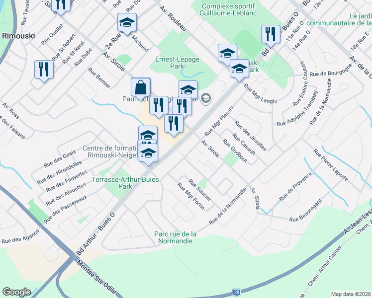map of restaurants, bars, coffee shops, grocery stores, and more near 302 Rue Monseigneur Plessis in Rimouski
