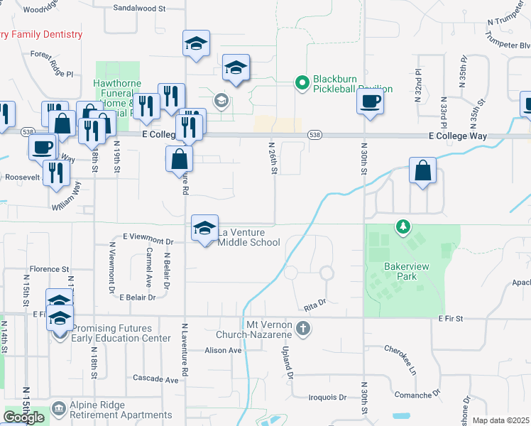 map of restaurants, bars, coffee shops, grocery stores, and more near 1321 North 26th Street in Mount Vernon