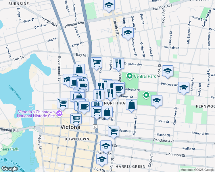 map of restaurants, bars, coffee shops, grocery stores, and more near 830 Pembroke Street in Victoria