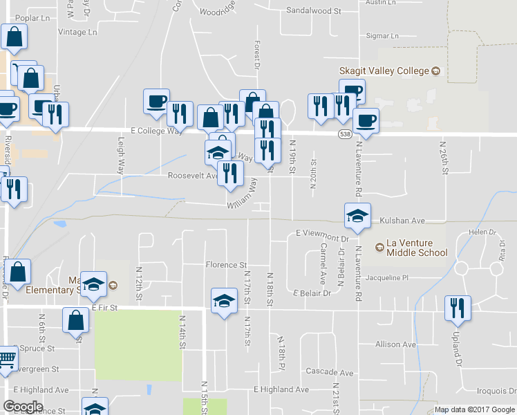 map of restaurants, bars, coffee shops, grocery stores, and more near 1315 North 18th Street in Mount Vernon