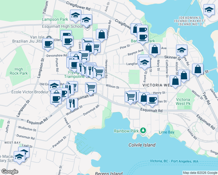 map of restaurants, bars, coffee shops, grocery stores, and more near in Victoria
