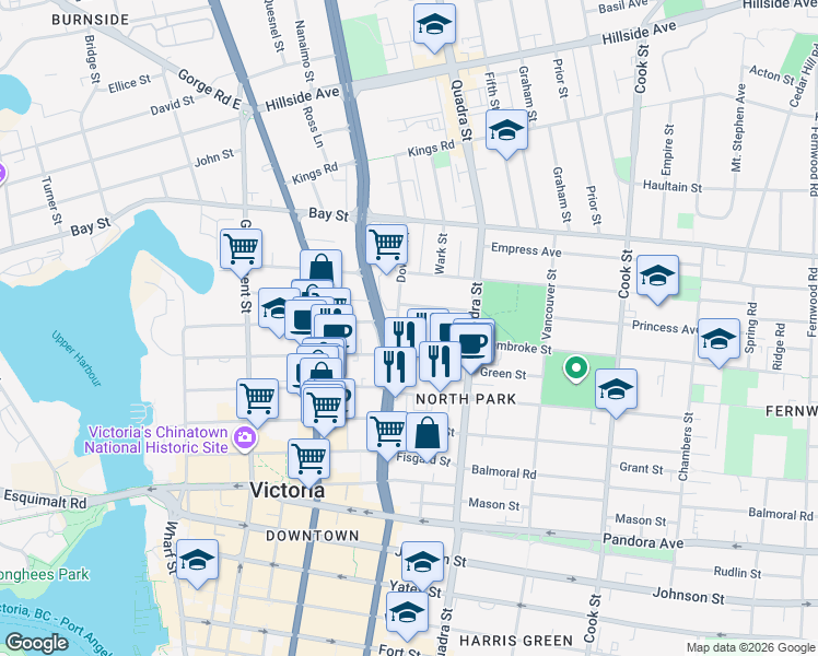 map of restaurants, bars, coffee shops, grocery stores, and more near 1995 Blanshard Street in Victoria