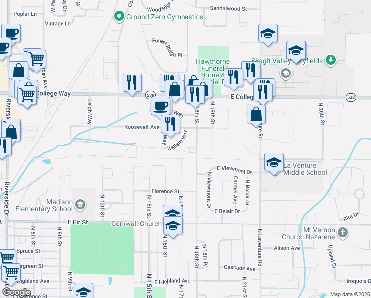 map of restaurants, bars, coffee shops, grocery stores, and more near 1315 North 18th Street in Mount Vernon