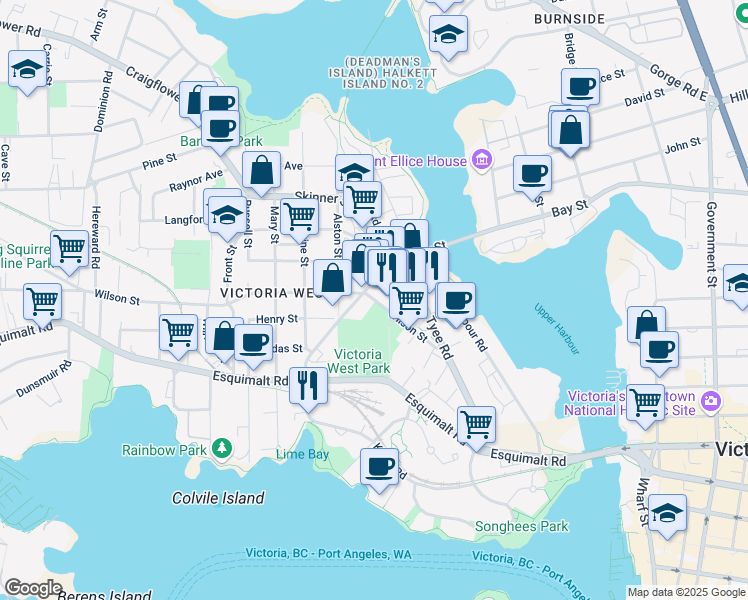 map of restaurants, bars, coffee shops, grocery stores, and more near Wilson Street in Victoria